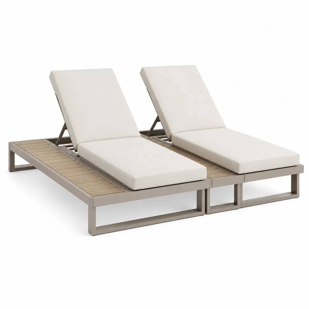 Set divani lettino da esterno doppio 200 cm in alluminio e finitura effetto legno cuscini in poliestere colore beige schienale reclinabile