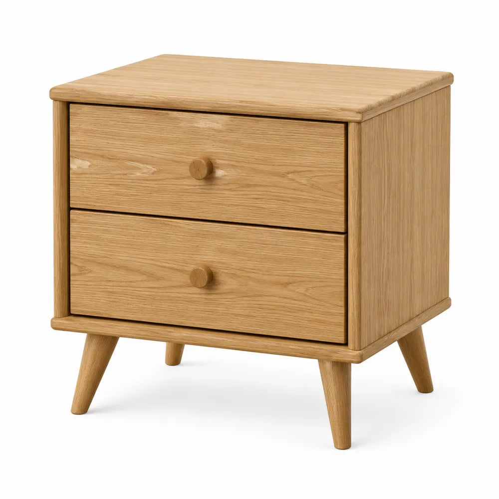 Comodino con 2 cassetti 50 x 40 x 55 cm in legno effetto rovere naturale con gambe inclinate in legno massiccio