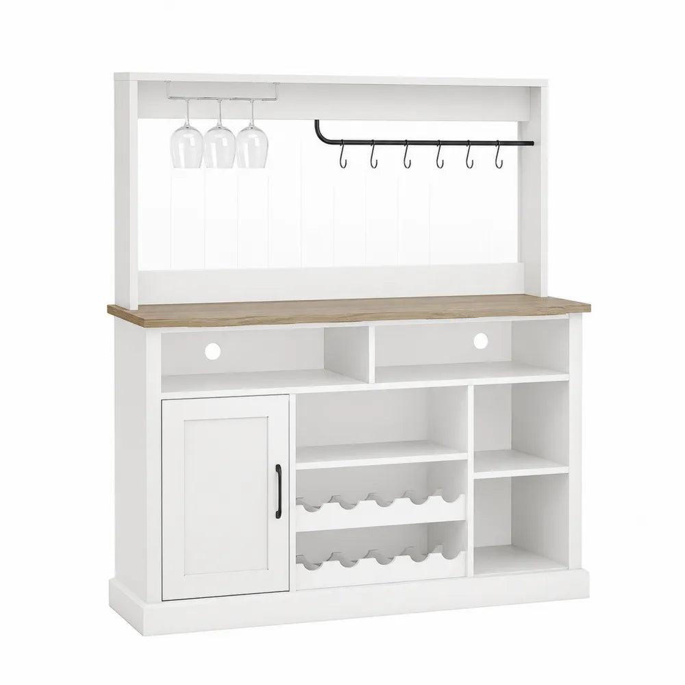 Mobile bar con portabottiglie e portabicchieri in MDF con piano in legno naturale struttura bianca e accessori in metallo 120 x 45 x 180 cm bianco legno naturale nero
