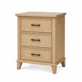 Comodino 50 x 40 x 60 cm a 3 cassetti in truciolare effetto rovere MDF gambe in legno massiccio rovere naturale e maniglie nere