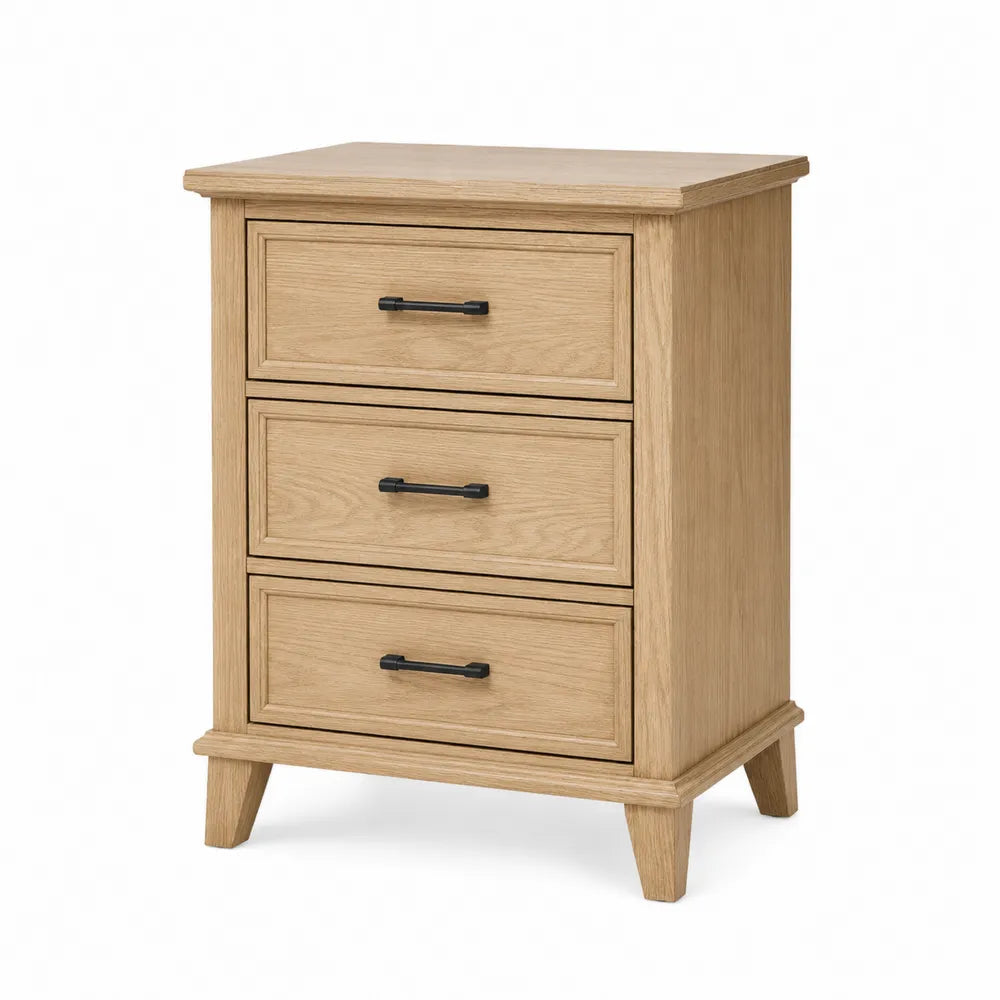 Comodino 50 x 40 x 60 cm a 3 cassetti in truciolare effetto rovere MDF gambe in legno massiccio rovere naturale e maniglie nere