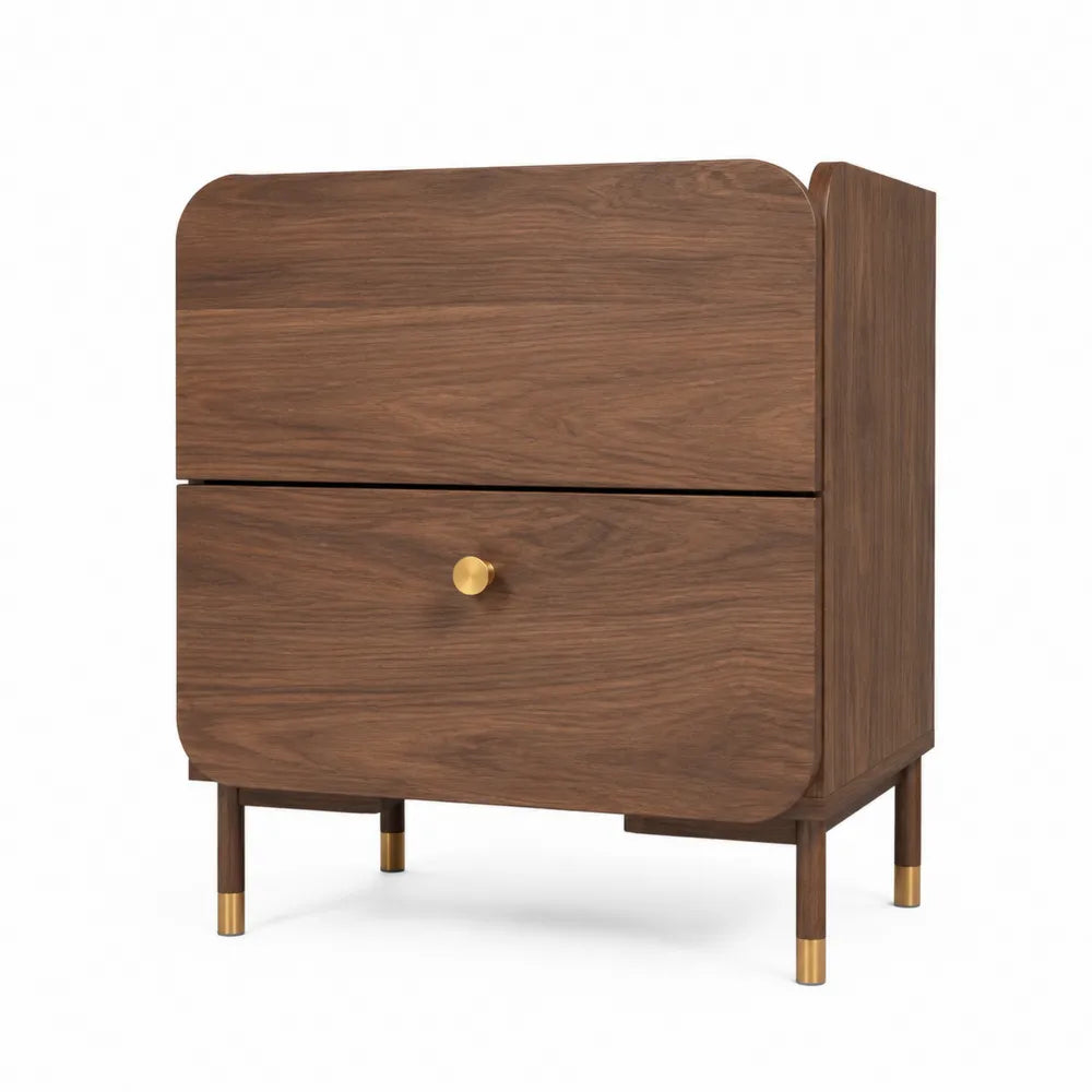 Comodino in MDF impiallacciato noce con 2 cassetti gambe in legno massello e dettagli in lega colore oro 50 x 40 x 55 cm