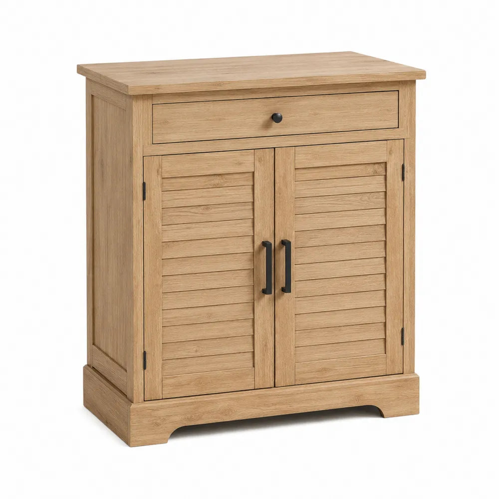 Credenza contenitore 80 x 40 x 85 cm con 2 ante a persiana e 1 cassetto struttura in MDF effetto rovere naturale maniglie in metallo nero