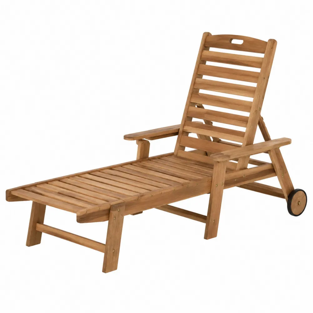 Lettino da esterno in legno massello con schienale reclinabile e ruote colore legno naturale dimensioni circa 195 cm