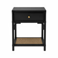 Comodino 45 x 35 x 55 cm con cassetto e ripiano in rattan struttura in acciaio verniciato nero piano in MDF nero e dettagli oro con maniglia dorata