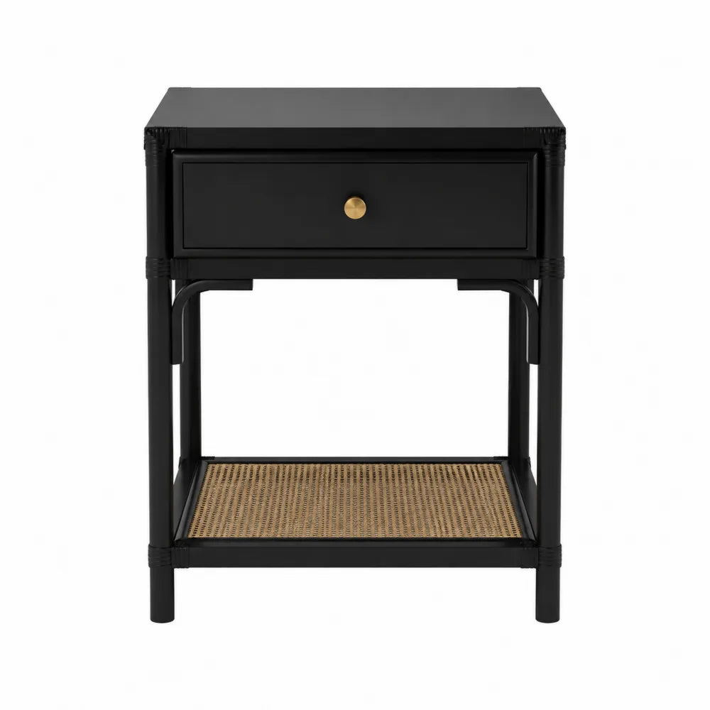 Comodino 45 x 35 x 55 cm con cassetto e ripiano in rattan struttura in acciaio verniciato nero piano in MDF nero e dettagli oro con maniglia dorata