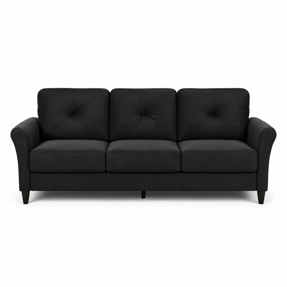 Divano 3 posti imbottito in tessuto poliestere nero schienale capitonné struttura in legno dimensioni 200 cm 90 cm 85 cm