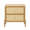 Comodino 50 x 40 x 55 cm con 2 cassetti in legno effetto rovere naturale e frontali in rattan naturale con maniglie oro