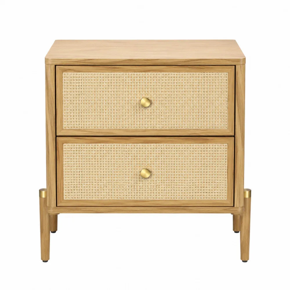 Comodino 50 x 40 x 55 cm con 2 cassetti in legno effetto rovere naturale e frontali in rattan naturale con maniglie oro
