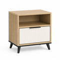 Comodino 45 x 40 x 55 cm con 1 cassetto e vano aperto struttura in MDF e truciolare effetto rovere chiaro frontale bianco rigato gambe in metallo nero