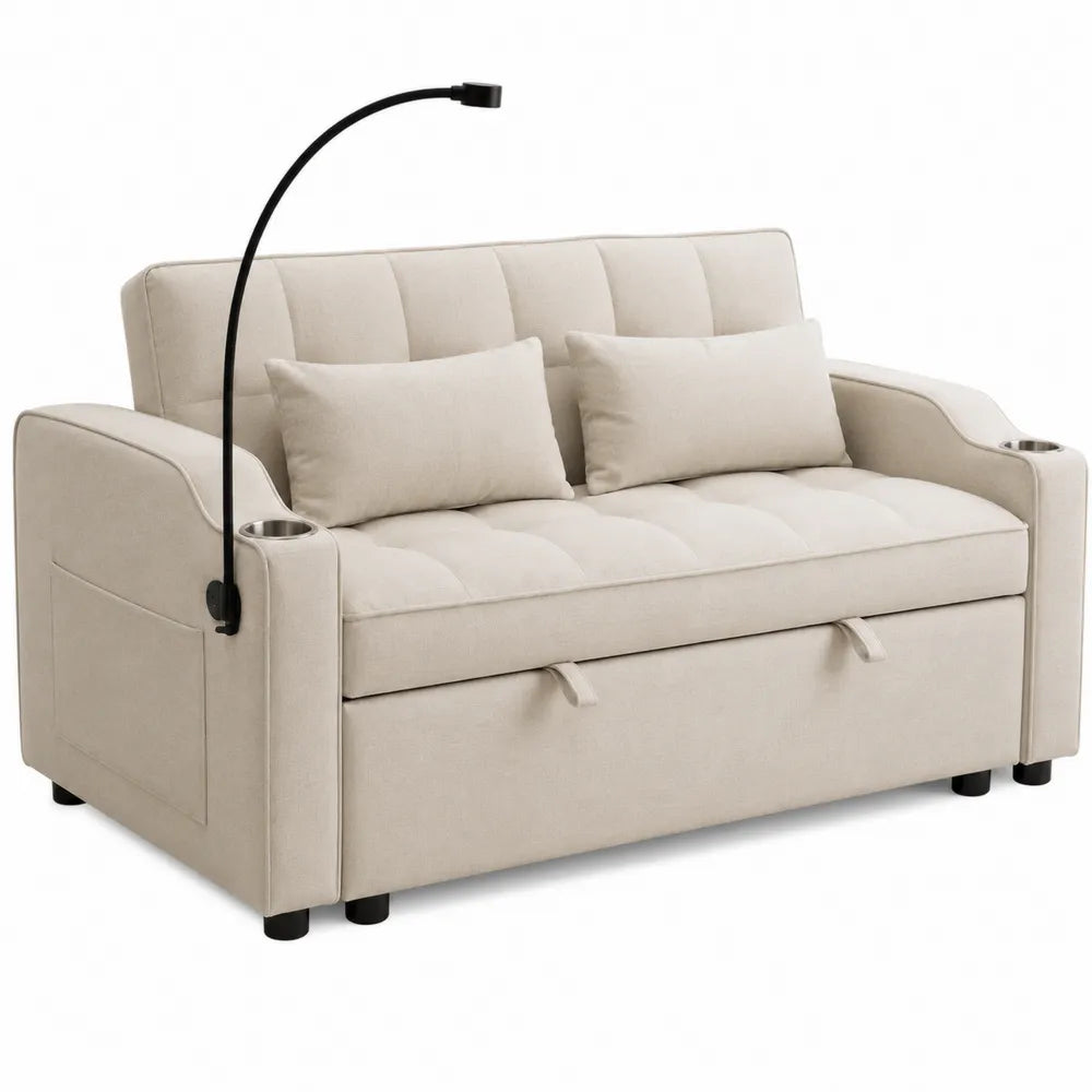 Divano 2 posti con contenitore estraibile rivestimento tessuto poliestere colore beige con portabicchieri e lampada integrata dimensioni 170 x 85 x 85 cm