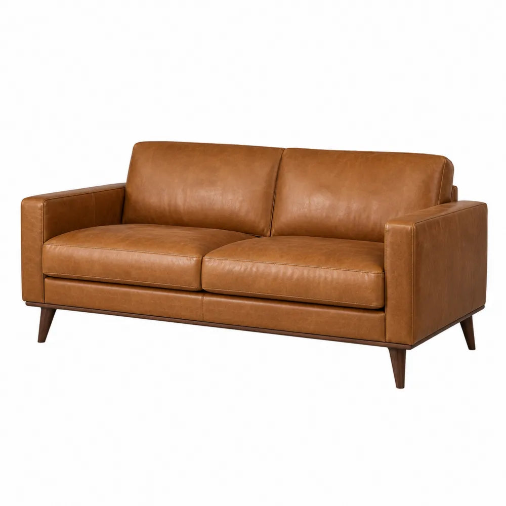 Divano 2 posti rivestimento in pelle sintetica PU colore marrone cognac struttura in legno massello dimensioni 180 x 85 x 85 cm